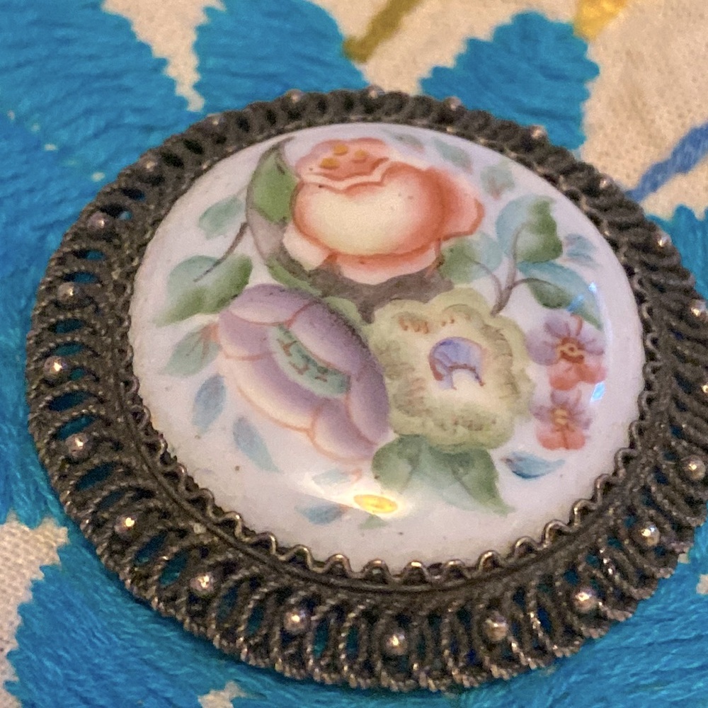 Vintage Floral Painted Porcelain Disk Framed in a Sterling Filagree Frame